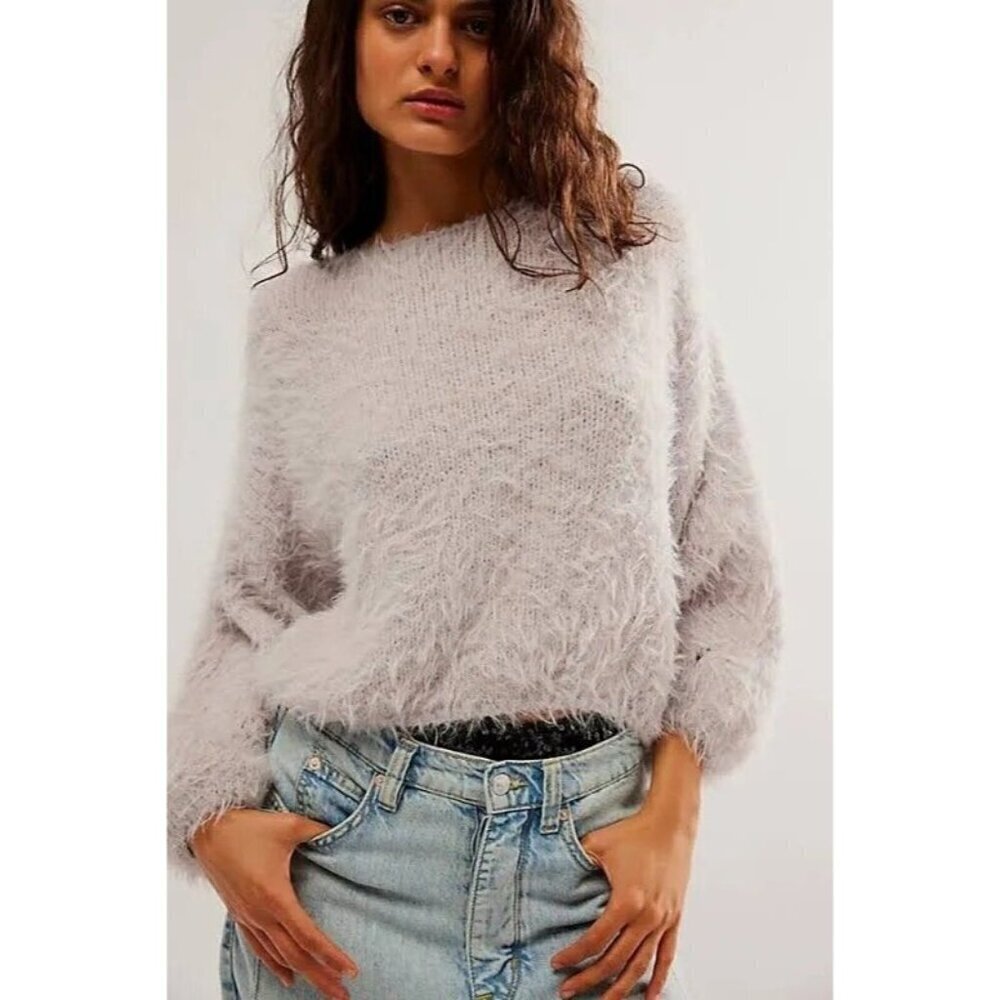 NEW FREE PEOPLE CROP FLURRY SWEATER VIOLET FROST PULLOVER SZ XS